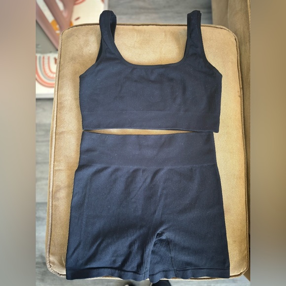 Women's Workout Sets Ribbed Tank 2 Piece Seamless High Waist Gym Outfit - Picture 2 of 5